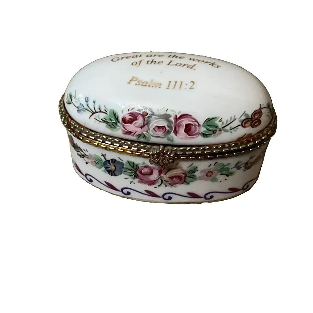Vintage Imperial Porcelain Bible Verse Hinged Trinket Box  Psalm 111:2 Mini Size